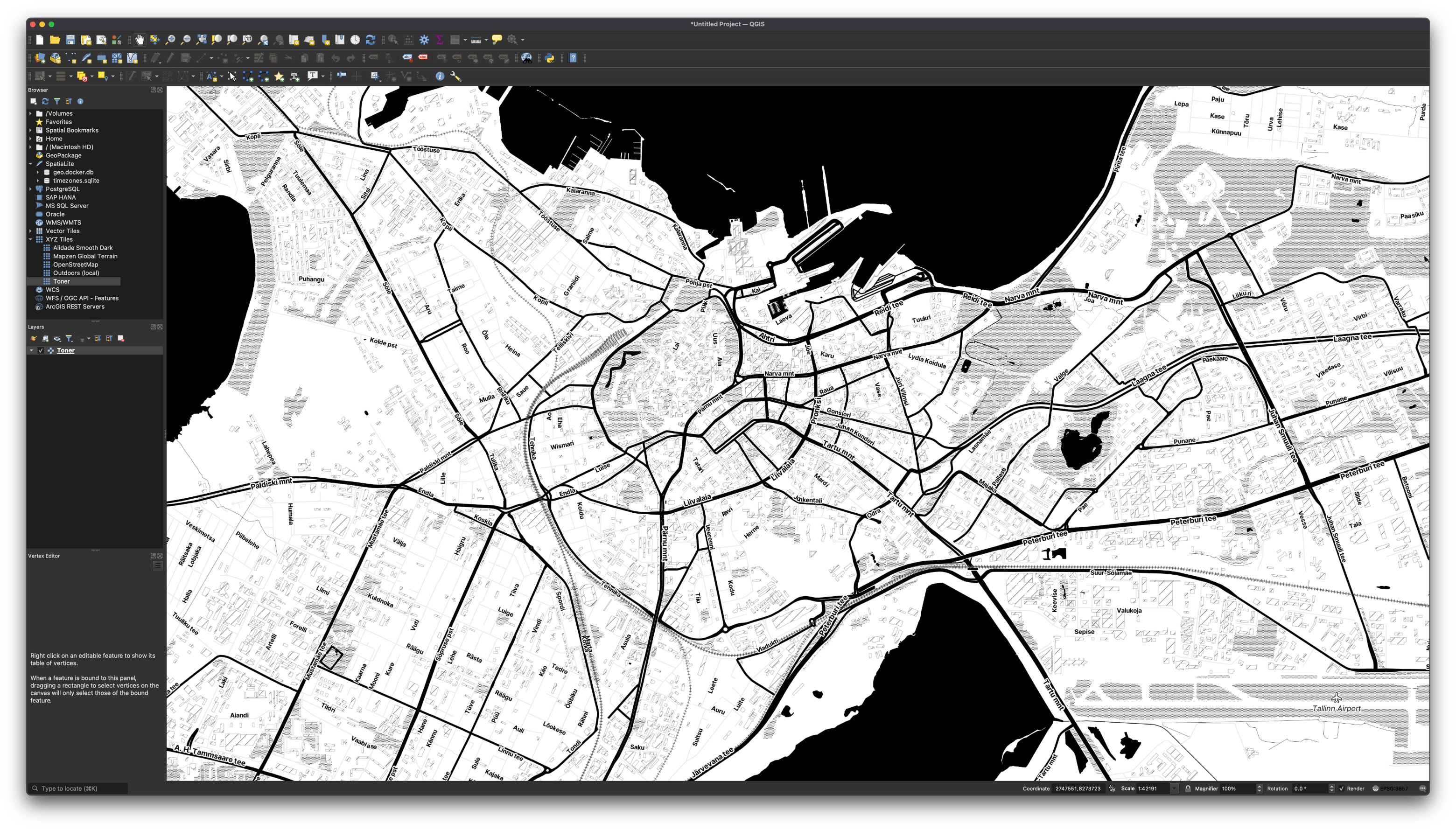 QGIS showing the full Stamen Toner basemap